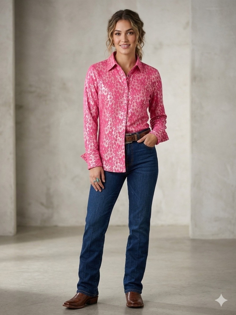 Wrangler Western Pink Lace Metallic Snap Front Shirt - Large - Y2K Glam